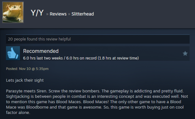 Screenshot showing a Steam user review of Slitterhead.